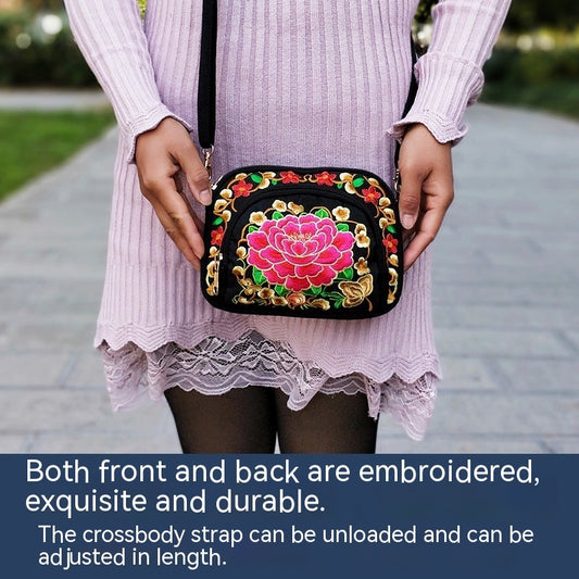 Vibrant Floral Embroidered Crossbody Bag for Women - Lightweight, Double-Sided Design with Detachable Strap, Zipper Closure, and Phone Pocket - Perfect for Casual Outings, Travel Accessory | Vibrant Pattern Bag | Coin Purse Badiee Stylez