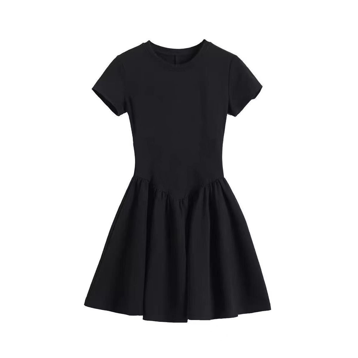 Women's Petite Black Summer Dress Round Collar Short Sleeve Slimming A-Line Mini Streetwear French Elegant LBD for Juniors