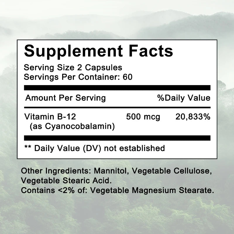 Vitamin B-12 Supplement, Supports Nervous System, Cellular, Metabolic Health, Memory, Concentration, 120 Capsules