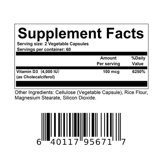 High Potency Vitamin D3 4000 IU - Helps Muscle Nerve Health Support Bone Density Teeth and Skin Heart Health - 120 Capsules