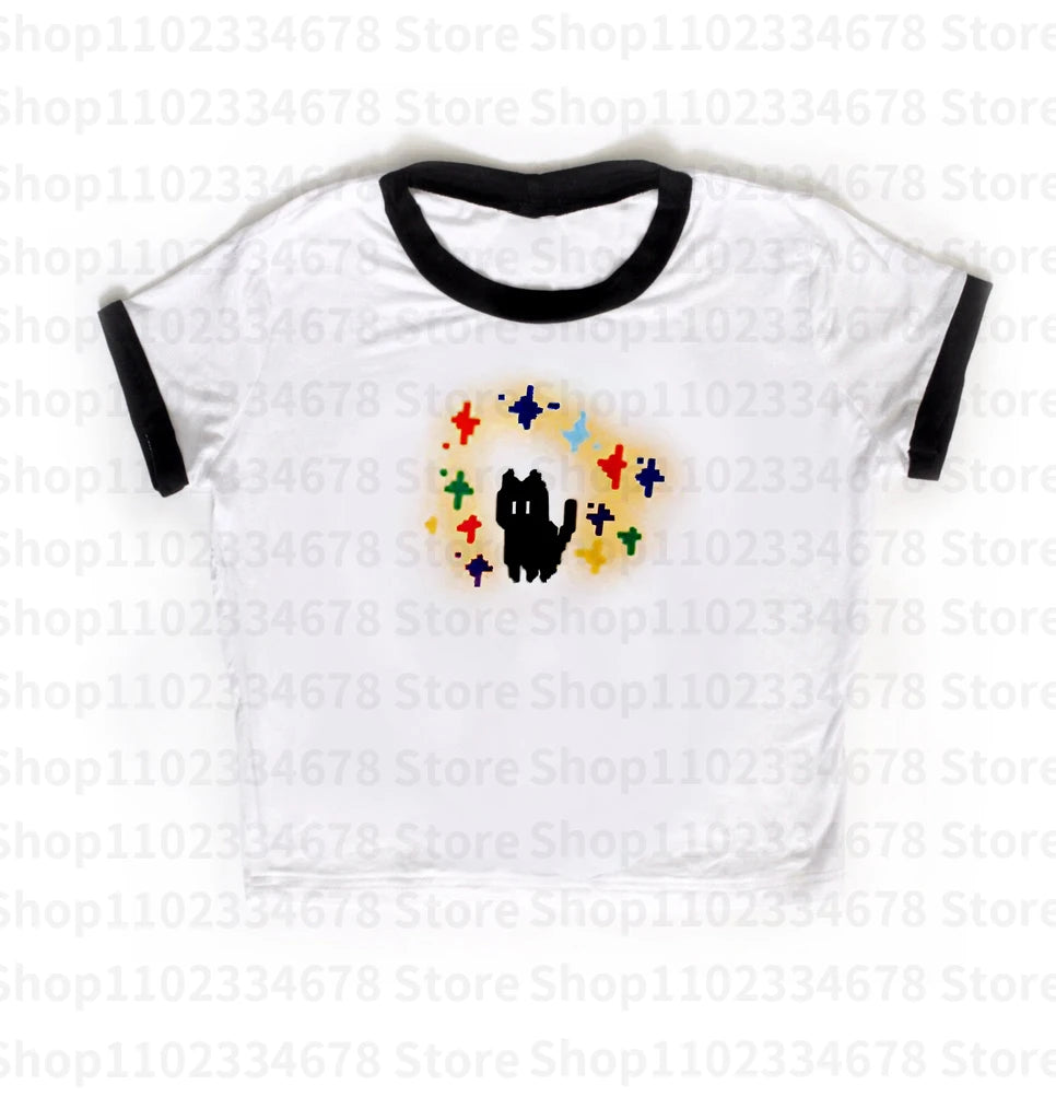 Y2k Style T-shirt Vintage Tshirt Harajuku Slim short Sleeve Shirt Crop top Streetwear women clothes Cat print baby tee Graphic 5