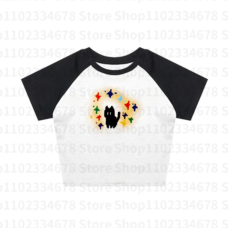 Y2k Style T-shirt Vintage Tshirt Harajuku Slim short Sleeve Shirt Crop top Streetwear women clothes Cat print baby tee Graphic 4