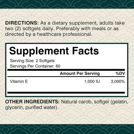 Vitamin E 1000IU Capsules - for Antioxidant, Skin, Cellular Respiration & Cardiovascular Health Support - 120 Capsules