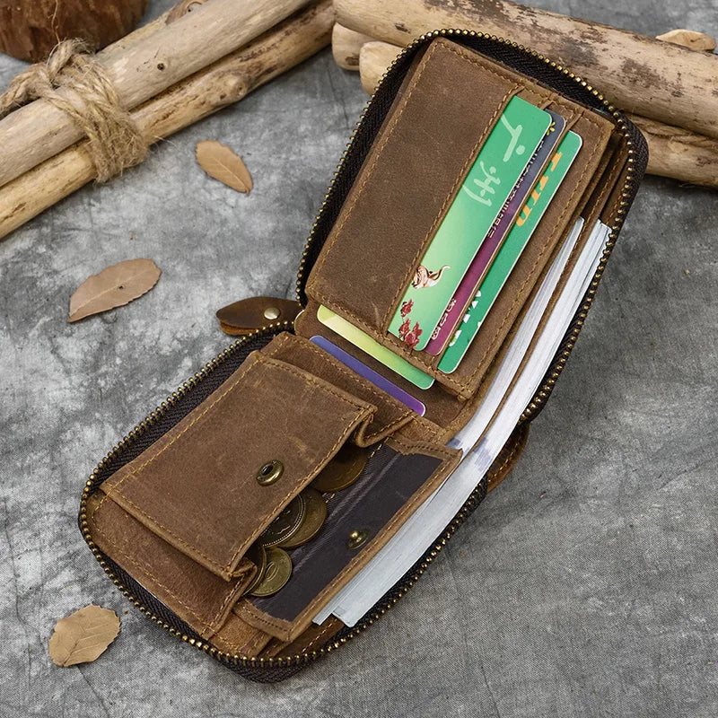 2023 New Short Wallet Men Women Vintage Fashion Card Holder Zipper Coin Purse Crazy Horse Leather Mens Slim Zipper Purse Wallet