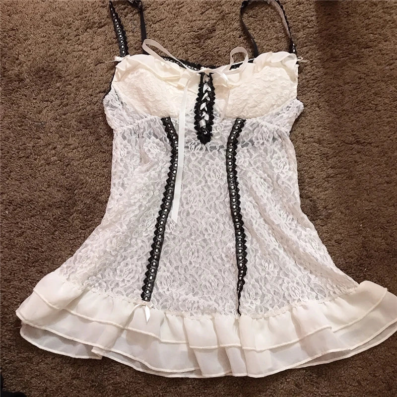 Lamuusaa y2k Aesthetic Lace Tops Women Dark Academia Clothes Ruffles V Neck Sleeveless Camisole 2000s Gothic Clothing Streetwear As photo shows