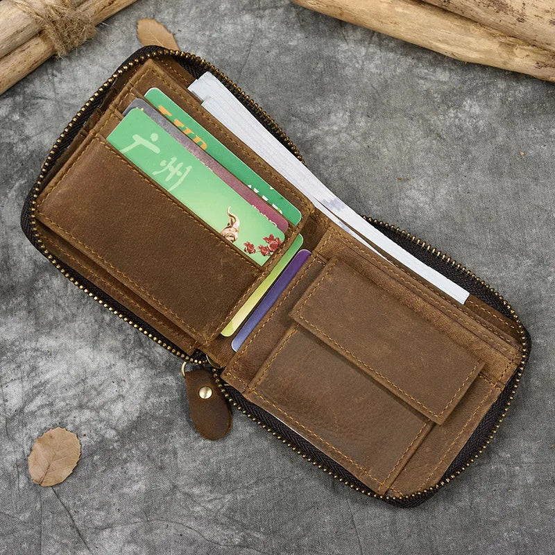 2023 New Short Wallet Men Women Vintage Fashion Card Holder Zipper Coin Purse Crazy Horse Leather Mens Slim Zipper Purse Wallet