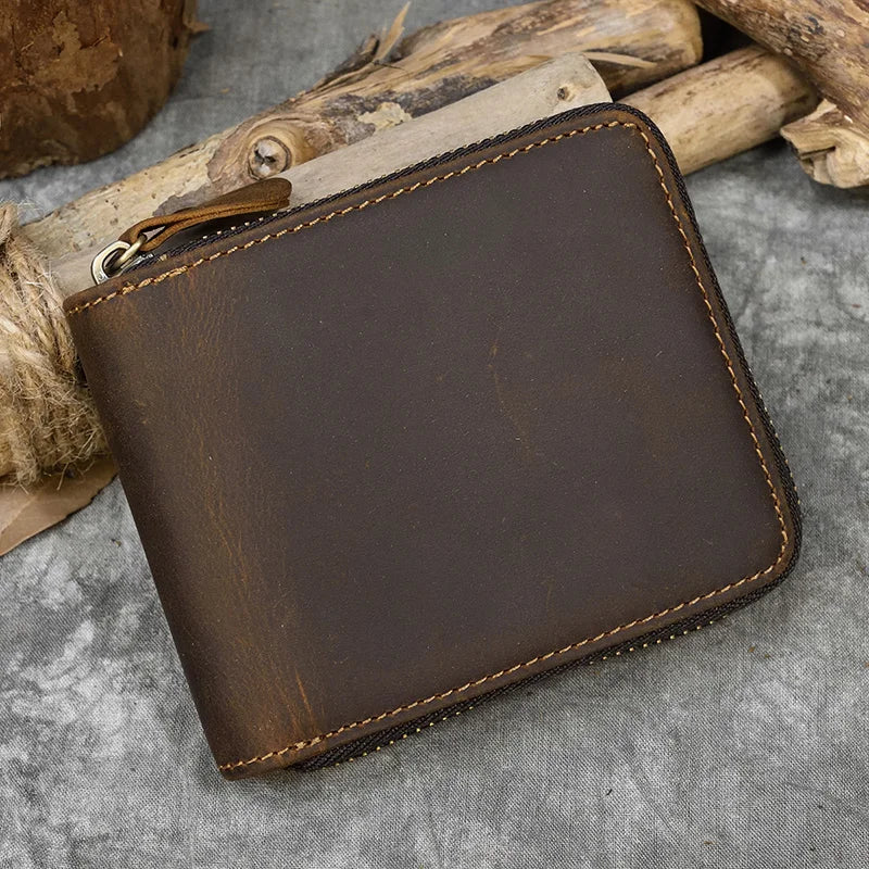 2023 New Short Wallet Men Women Vintage Fashion Card Holder Zipper Coin Purse Crazy Horse Leather Mens Slim Zipper Purse Wallet