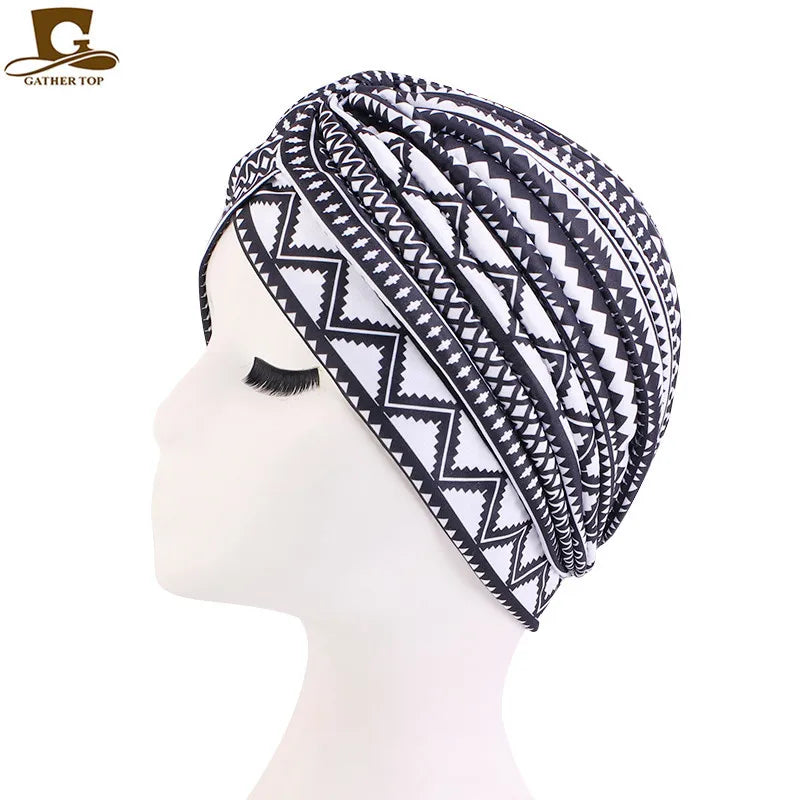 New Women Print Flower Knot Cancer Ruffle Chemo Hat Beanie scarf Turban Head Wrap Knitted Cap Hair Loss Accessories Black white One Size