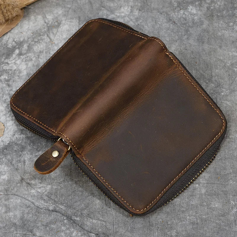 2023 New Short Wallet Men Women Vintage Fashion Card Holder Zipper Coin Purse Crazy Horse Leather Mens Slim Zipper Purse Wallet