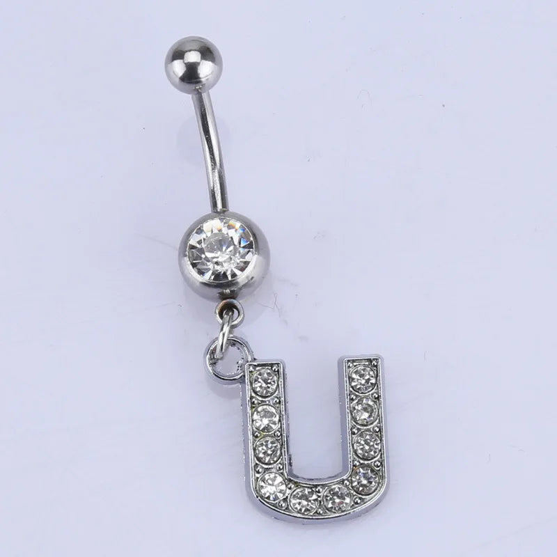 1Pc Letter Belly Button Ring Rhinestone Alphabet Pendant Navel Body Piercing Jewelry Silver Colour Nombril Piercing Gift Women U