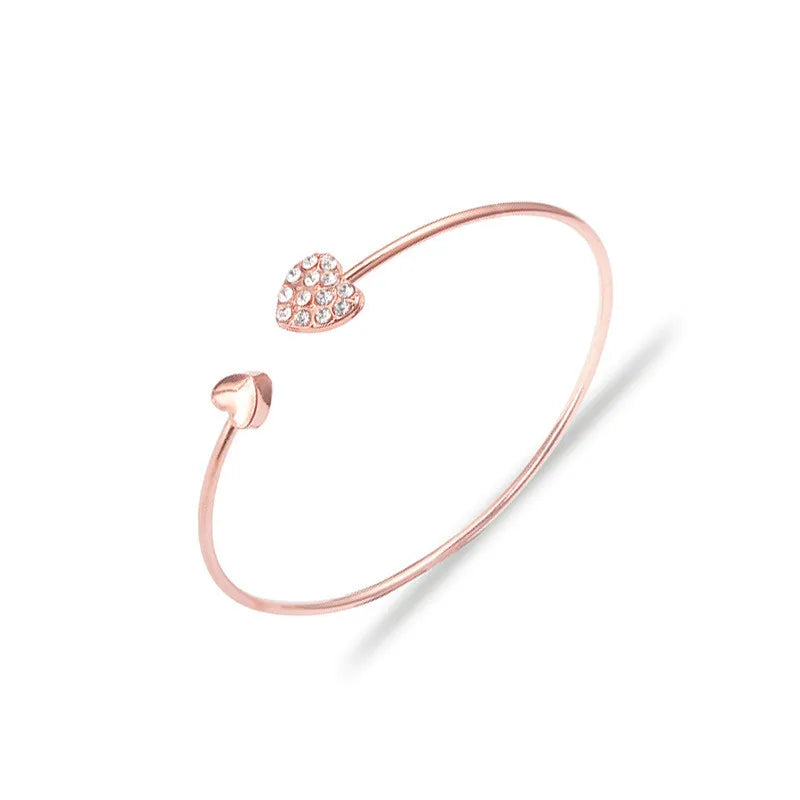Woozu 2019 New Fashion Adjustable Crystal Double Heart Bow Bilezik Cuff Opening Bracelet For Women Jewelry Gift Mujer Pulseras Rose Gold