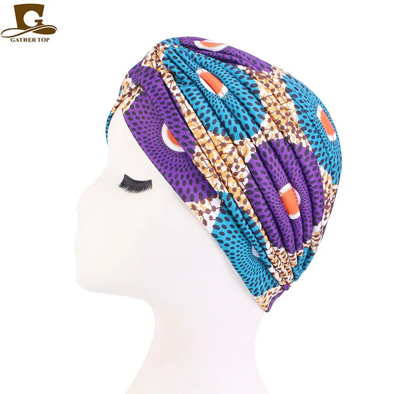 New Women Print Flower Knot Cancer Ruffle Chemo Hat Beanie scarf Turban Head Wrap Knitted Cap Hair Loss Accessories Teal purple One Size