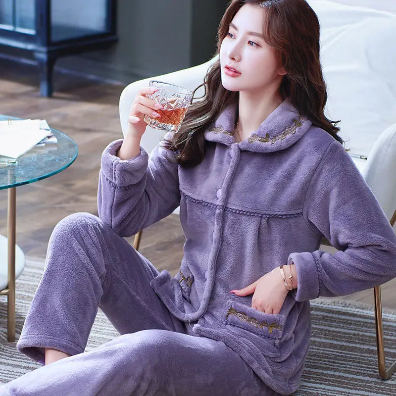 Autumn Winter Thicken Flannel Women Pajamas Set Two-piece suit Warm Loose Long-sleeve Female Casual Home service Single-breasted Rose purple B