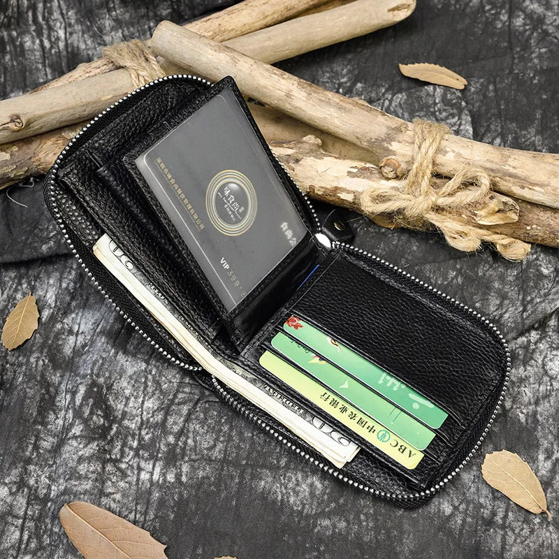 2023 New Short Wallet Men Women Vintage Fashion Card Holder Zipper Coin Purse Crazy Horse Leather Mens Slim Zipper Purse Wallet