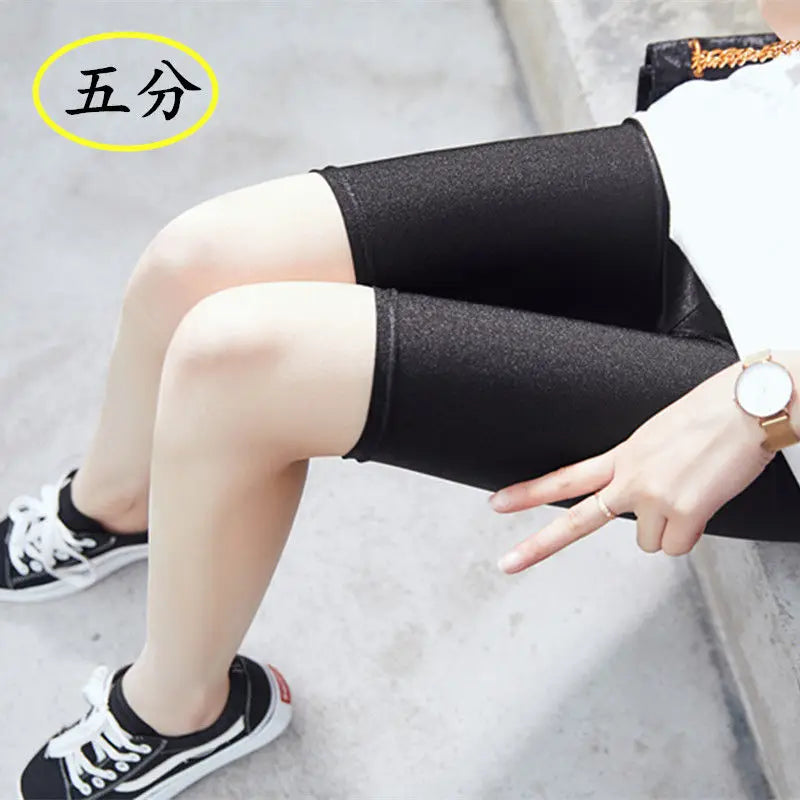 lady summer short pants women solid black shine breathable above knee short capris korean skinny neon pant 5 short pant