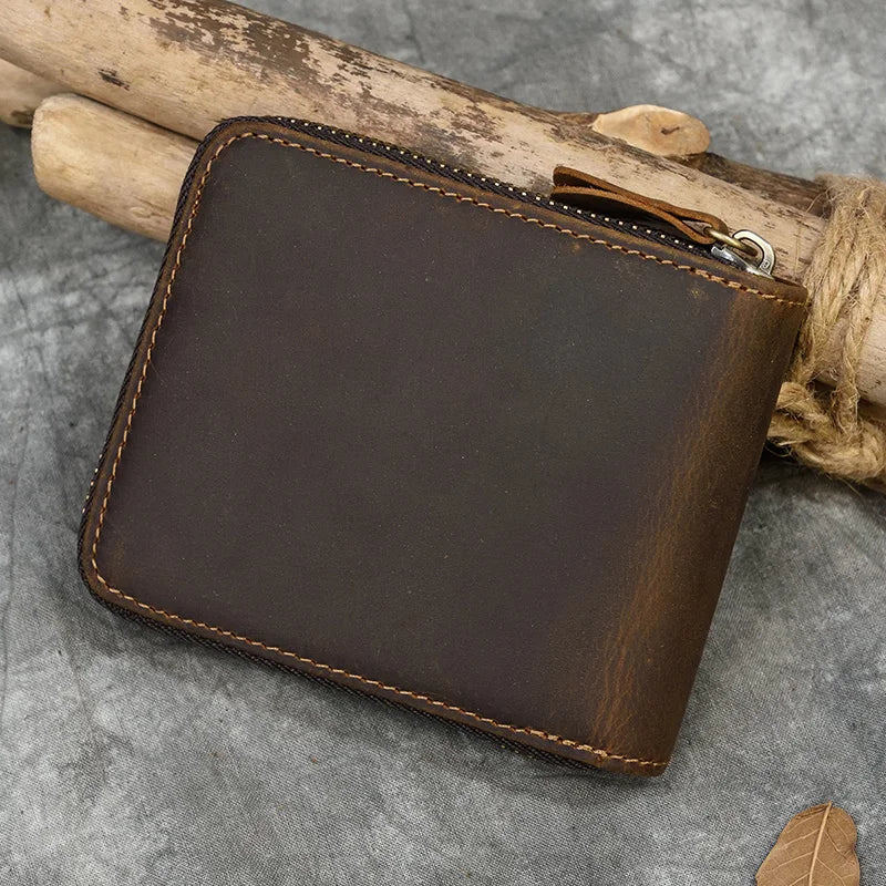 2023 New Short Wallet Men Women Vintage Fashion Card Holder Zipper Coin Purse Crazy Horse Leather Mens Slim Zipper Purse Wallet