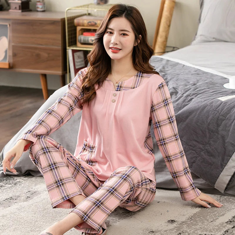 Big yards M-4XL v-neck long sleeve pajamas set for women floral print nightwear autumn cotton sleepwear nightie female pyjama TM8424