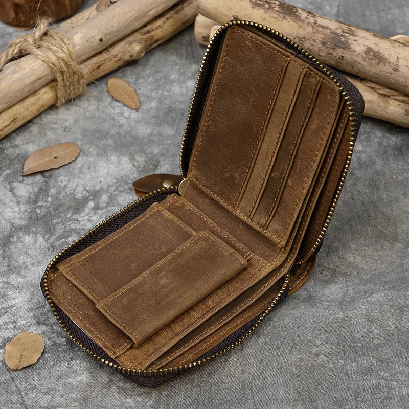 2023 New Short Wallet Men Women Vintage Fashion Card Holder Zipper Coin Purse Crazy Horse Leather Mens Slim Zipper Purse Wallet