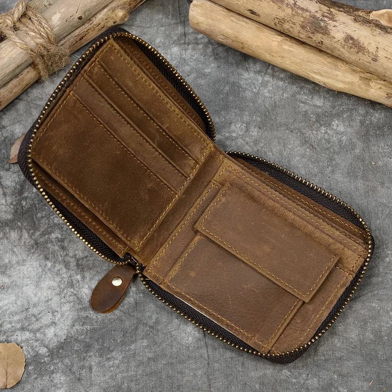2023 New Short Wallet Men Women Vintage Fashion Card Holder Zipper Coin Purse Crazy Horse Leather Mens Slim Zipper Purse Wallet
