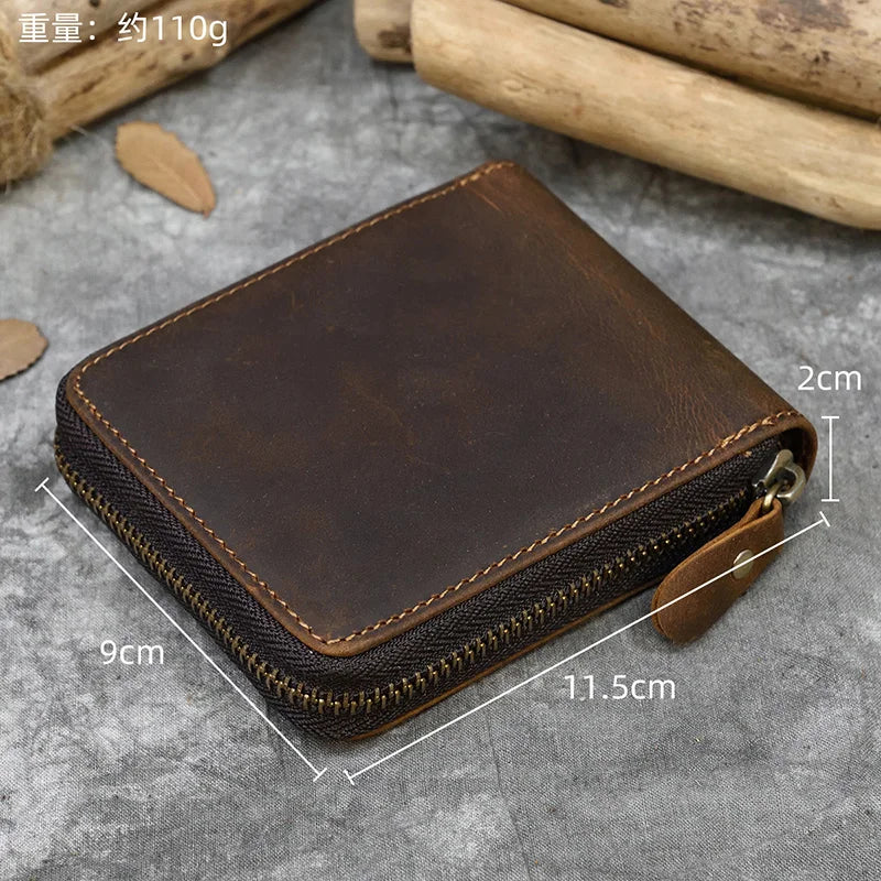 2023 New Short Wallet Men Women Vintage Fashion Card Holder Zipper Coin Purse Crazy Horse Leather Mens Slim Zipper Purse Wallet