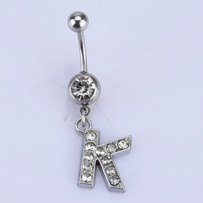 1Pc Letter Belly Button Ring Rhinestone Alphabet Pendant Navel Body Piercing Jewelry Silver Colour Nombril Piercing Gift Women K