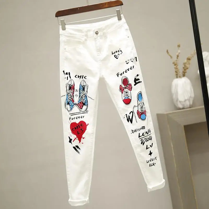 2021 New Autumn Women Jeans Cartoon Graffiti Print Pencil Pants High Waist Stretched Jeans Casual Ankle-length Pants Trousers White 1
