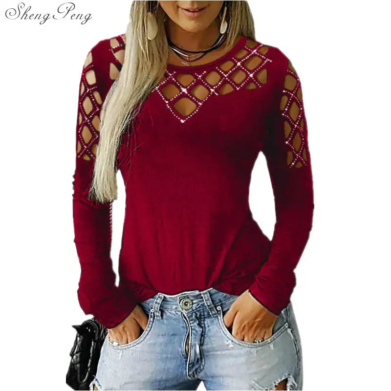 Fashion Hollow Bling Blouse Casual Sexy Rhinestone Solid Top Female Women Tops Long Sleeve Shirt Blusa Pullover 5XL V1755