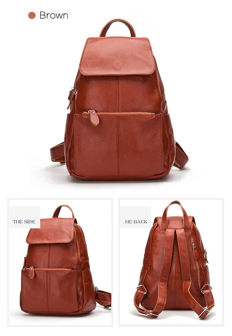 Zency Genuine Leather Women Backpack High Quality Large Capacity Travel Bag Knapsack Schoolbag Shoulder For Ladies Beige Black