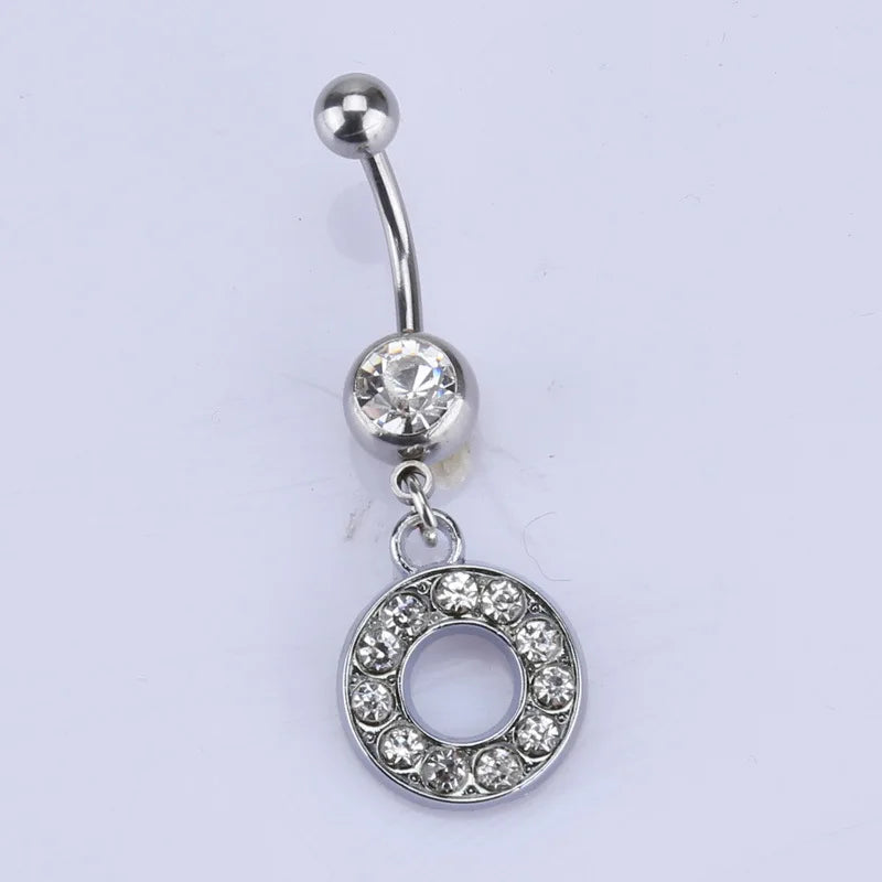 1Pc Letter Belly Button Ring Rhinestone Alphabet Pendant Navel Body Piercing Jewelry Silver Colour Nombril Piercing Gift Women O