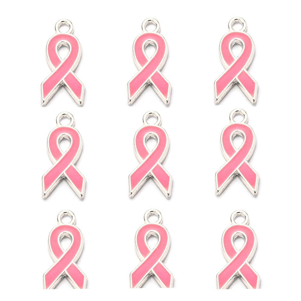10pcs/lot Breast Cancer Awareness Ribbon Pendant Pink Ribbon Charm Pendants DIY Accessories for Women Jewelry Necklace Bracelet Silver pink