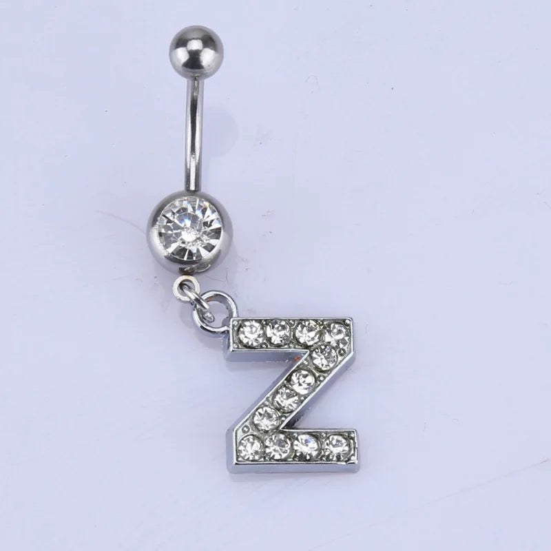 1Pc Letter Belly Button Ring Rhinestone Alphabet Pendant Navel Body Piercing Jewelry Silver Colour Nombril Piercing Gift Women Z