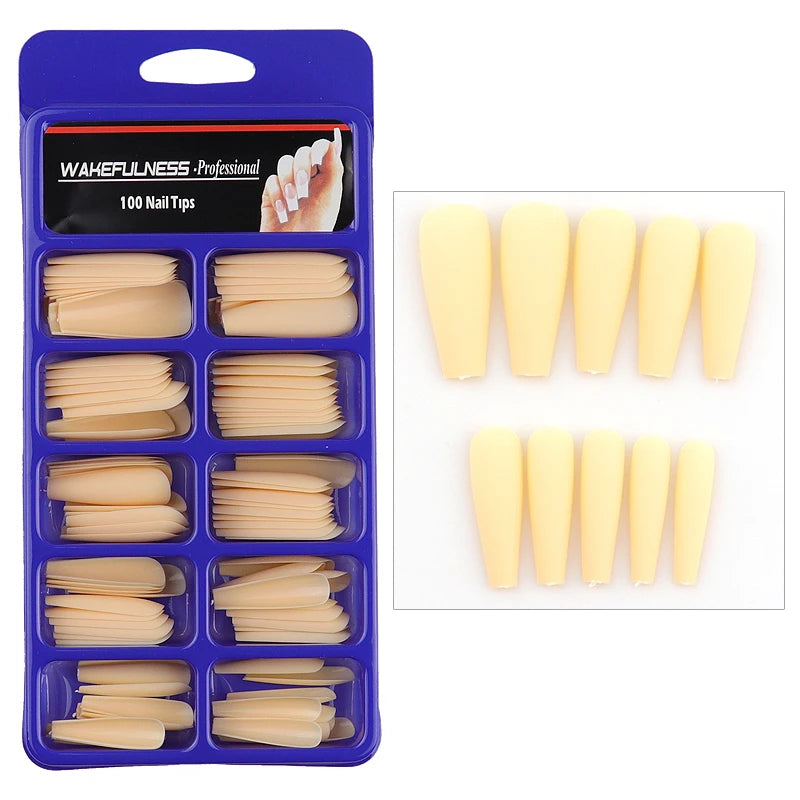 WAKEFULNESS 100Pcs/Set Matte Fake Nail Art Tips Long Ballerina Coffin Nails ABS Full Cover Fasle Nails Tools Manicure 719
