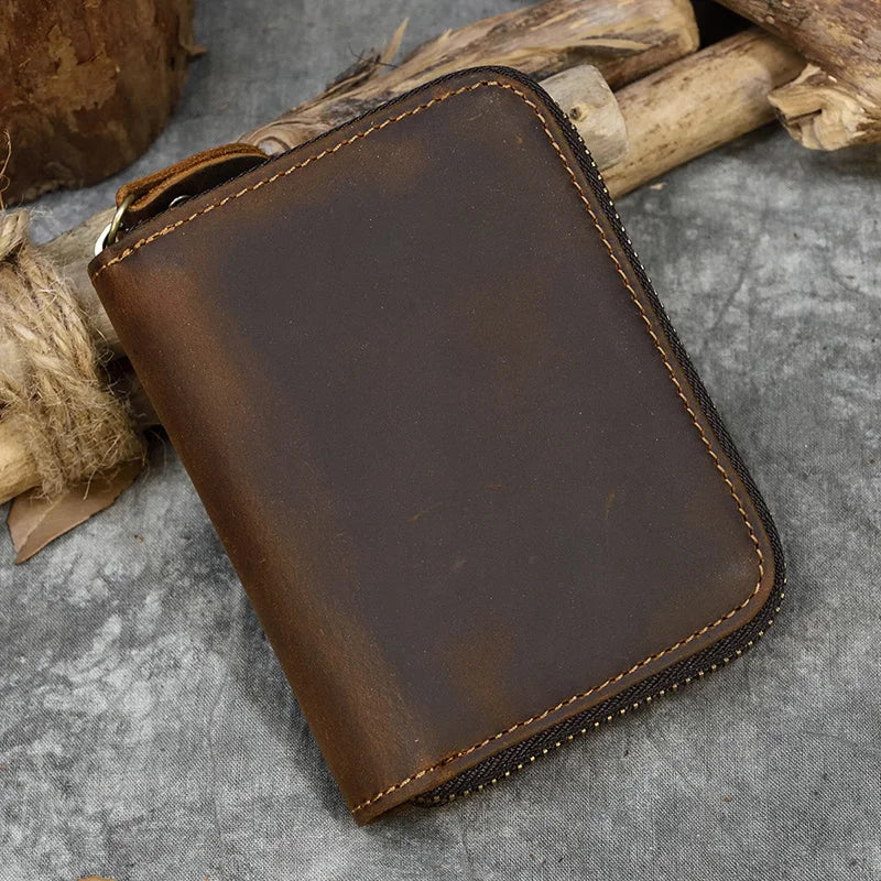 2023 New Short Wallet Men Women Vintage Fashion Card Holder Zipper Coin Purse Crazy Horse Leather Mens Slim Zipper Purse Wallet