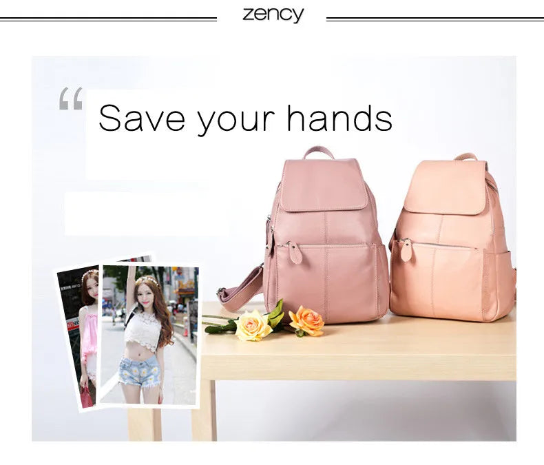 Zency Genuine Leather Women Backpack High Quality Large Capacity Travel Bag Knapsack Schoolbag Shoulder For Ladies Beige Black