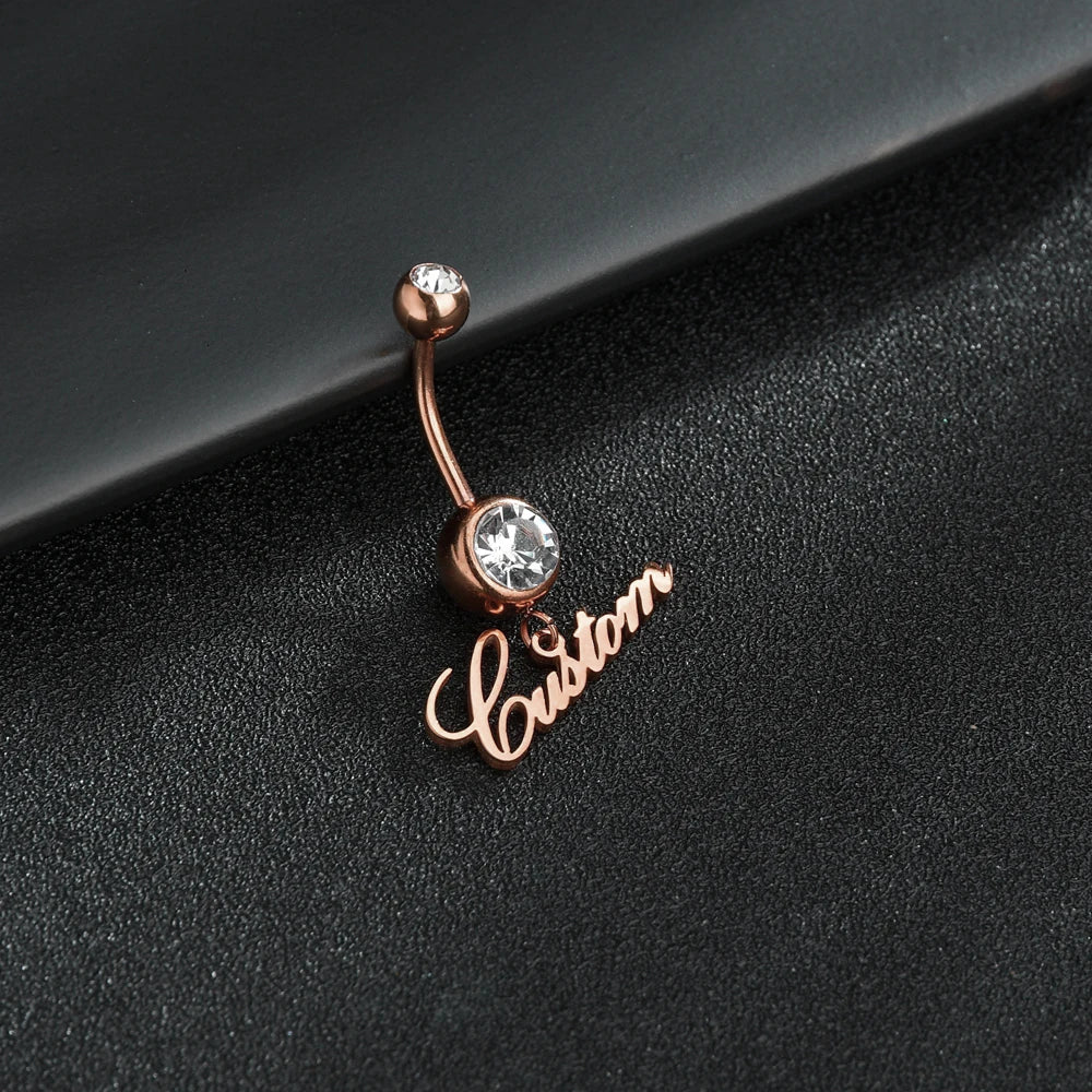 Letdiffery Custom White Stones Name Belly Button Rings Personalized Women Ring Stainless Steel Charming Body Piercing Jewelry Rose Gold Color