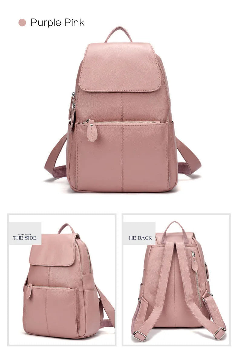 Zency Genuine Leather Women Backpack High Quality Large Capacity Travel Bag Knapsack Schoolbag Shoulder For Ladies Beige Black