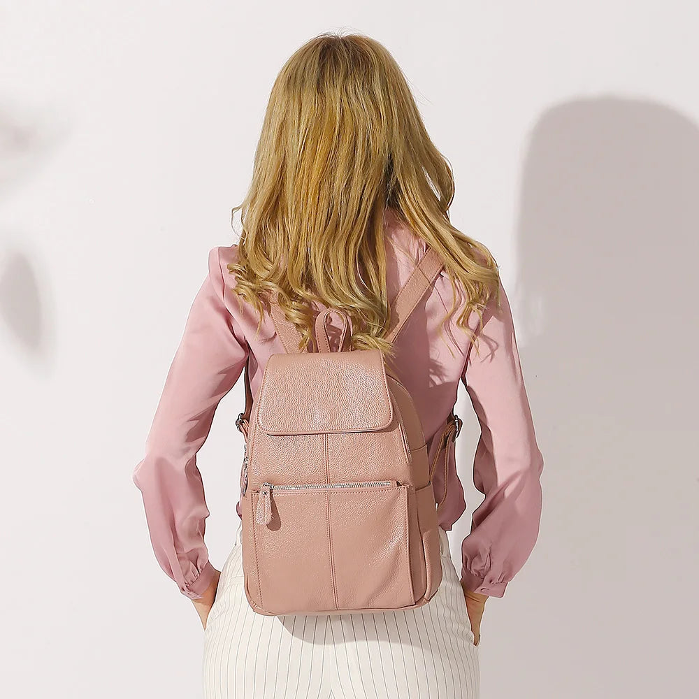 Zency Genuine Leather Women Backpack High Quality Large Capacity Travel Bag Knapsack Schoolbag Shoulder For Ladies Beige Black