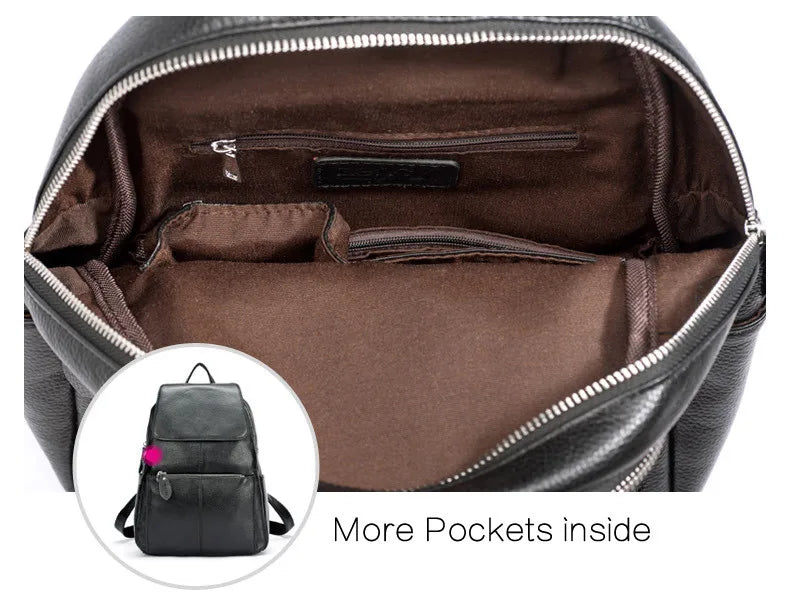 Zency Genuine Leather Women Backpack High Quality Large Capacity Travel Bag Knapsack Schoolbag Shoulder For Ladies Beige Black