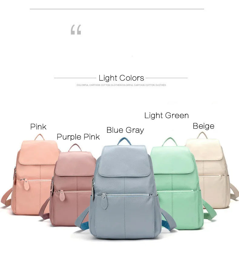 Zency Genuine Leather Women Backpack High Quality Large Capacity Travel Bag Knapsack Schoolbag Shoulder For Ladies Beige Black