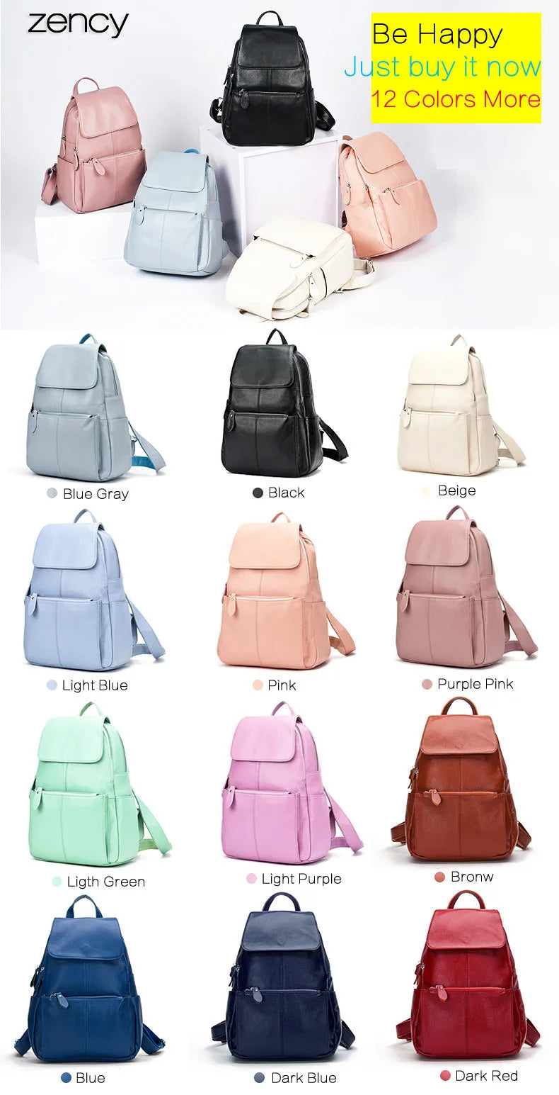 Zency Genuine Leather Women Backpack High Quality Large Capacity Travel Bag Knapsack Schoolbag Shoulder For Ladies Beige Black