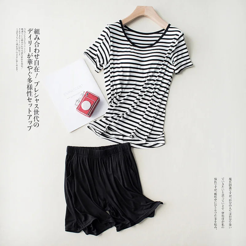 New Modal Lady Short Sleeve Pajamas Set with Bra Pad Bra One Piece Half Sleeve Shorts Striped Loose Large Size Home Wear Set black
