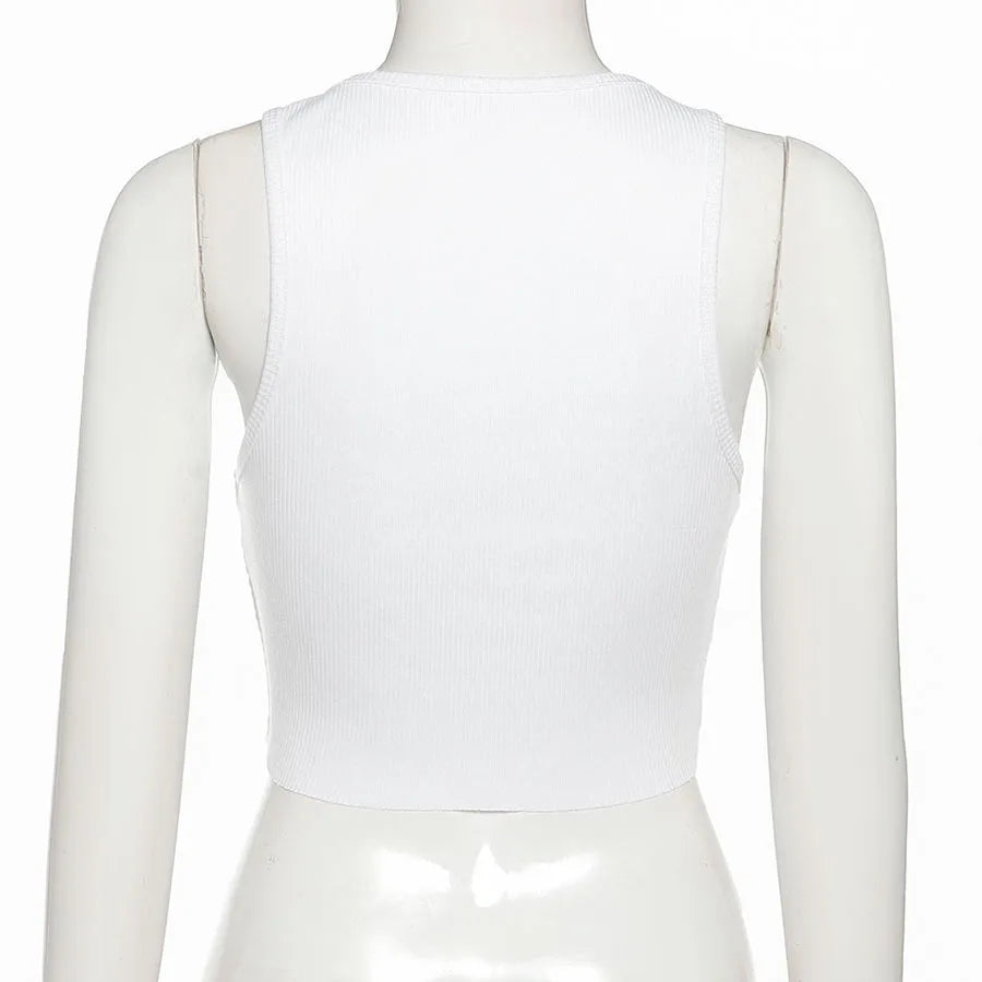 Square Collar Trendy Letter Print With Pin Buckles Tank Tops Women Skull Printed Casual Stretchy Sleeveless Crop Top