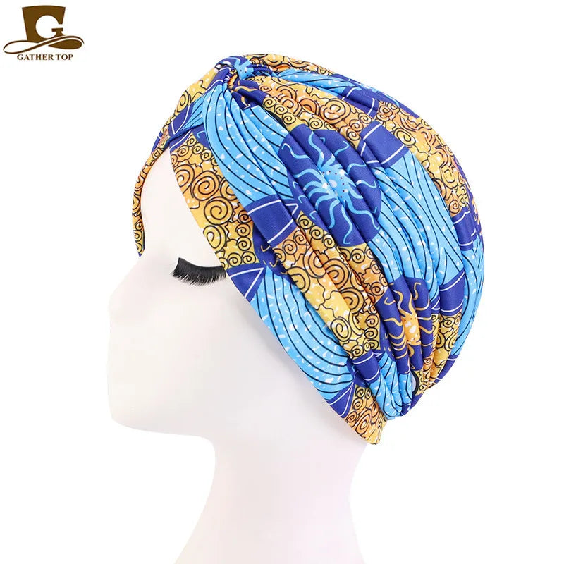 New Women Print Flower Knot Cancer Ruffle Chemo Hat Beanie scarf Turban Head Wrap Knitted Cap Hair Loss Accessories Wave blue One Size