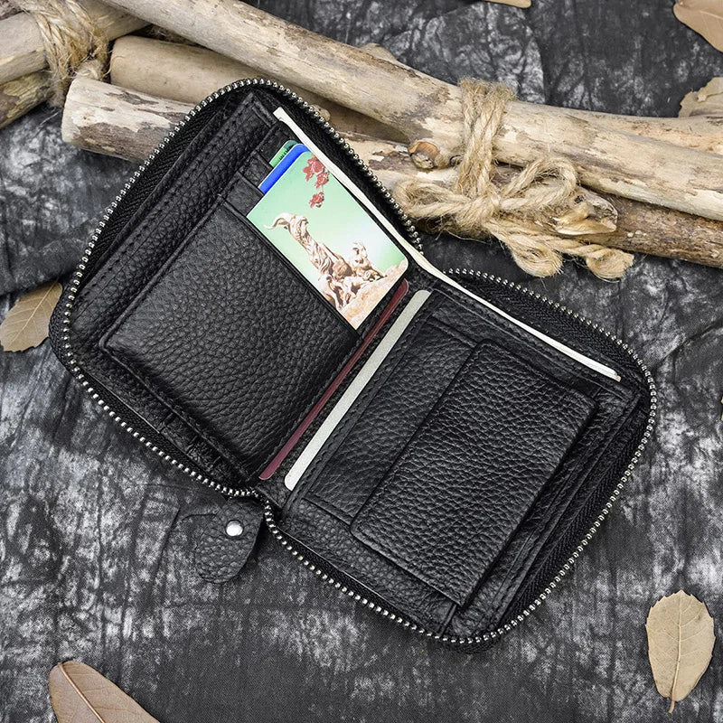 2023 New Short Wallet Men Women Vintage Fashion Card Holder Zipper Coin Purse Crazy Horse Leather Mens Slim Zipper Purse Wallet 1036 Black