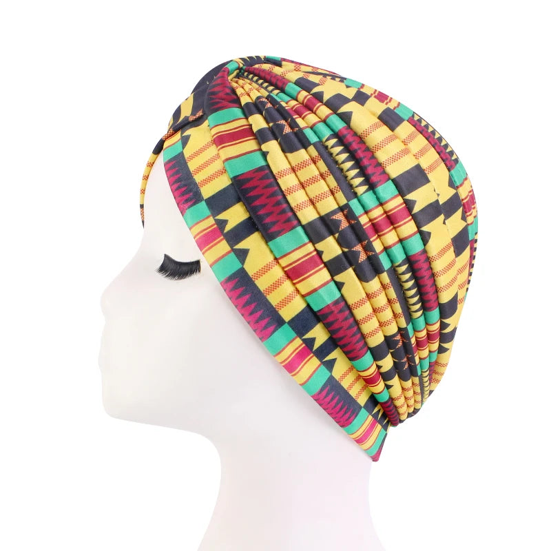 New Women Print Flower Knot Cancer Ruffle Chemo Hat Beanie scarf Turban Head Wrap Knitted Cap Hair Loss Accessories Geo Yellow One Size