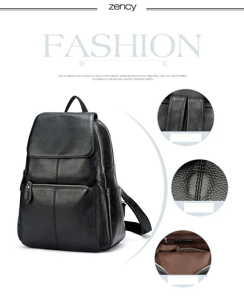 Zency Genuine Leather Women Backpack High Quality Large Capacity Travel Bag Knapsack Schoolbag Shoulder For Ladies Beige Black