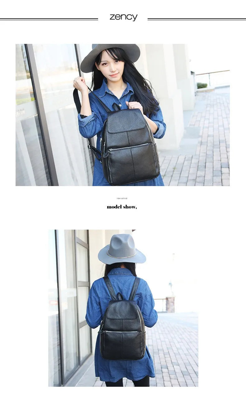 Zency Genuine Leather Women Backpack High Quality Large Capacity Travel Bag Knapsack Schoolbag Shoulder For Ladies Beige Black