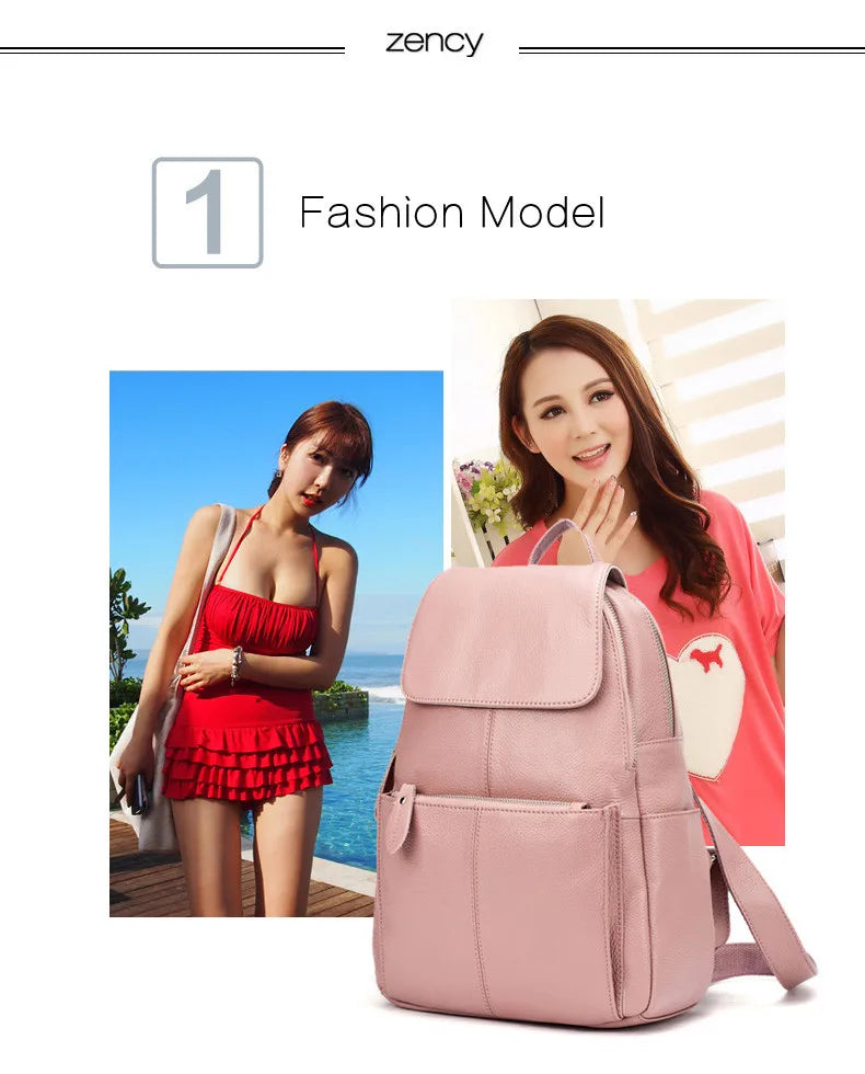 Zency Genuine Leather Women Backpack High Quality Large Capacity Travel Bag Knapsack Schoolbag Shoulder For Ladies Beige Black