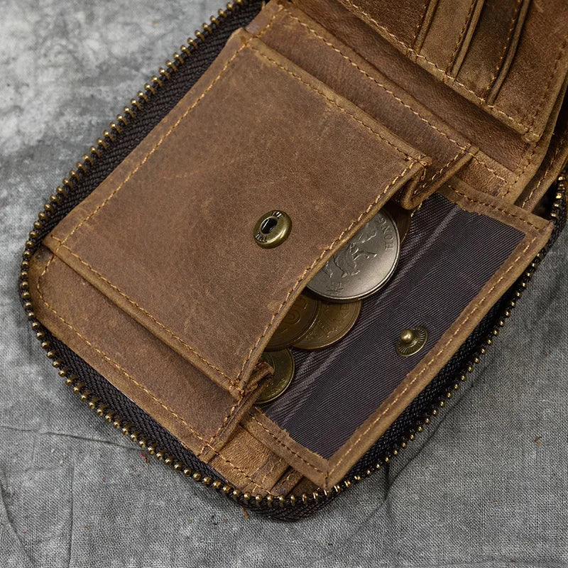 2023 New Short Wallet Men Women Vintage Fashion Card Holder Zipper Coin Purse Crazy Horse Leather Mens Slim Zipper Purse Wallet