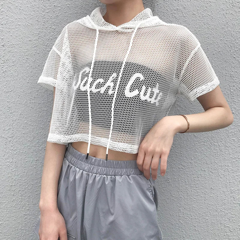 Womens Hollow Mesh Net Hooded T-Shirt Short Sleeve Tee Tops Transparent Black Swxy Clubwear Party